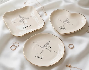 Personalized Ballet Ring Dish Custom Jewelry Holder | Dance Teacher Gift | Gold Rim Ceramic Trinket Dish (DK-36)