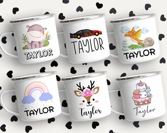 May include: Six white enamel mugs with different colorful designs and the name "Taylor" printed on each mug. The designs include a hippopotamus, a race car, a dinosaur, a rainbow, a deer, and a unicorn.