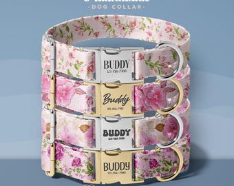 Girl Dog Handcrafted Collars with Floral Print, Cute Pink Dog Mom Collar, Personalized Dog Collar (DOG46)