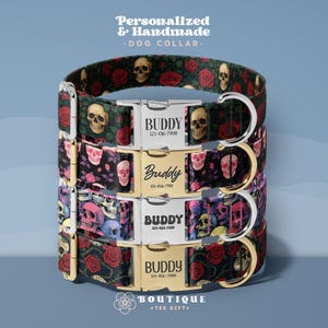 May include: Four personalized dog collars stacked, each with a unique pattern. The collars feature skull and rose designs in various colors. Each collar has a gold or silver buckle with the name "Buddy" and a phone number.