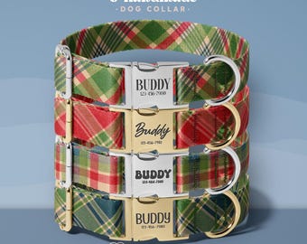 May include: Four personalized dog collars stacked, each with a plaid pattern in red, green, and gold. The buckles are engraved with the name "Buddy" and a phone number. The text "Personalized & Handmade DOG COLLAR" is at the top.