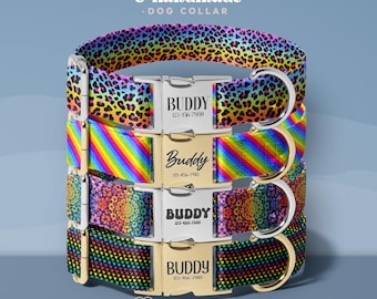 Collar para perro personalizado con diseño gay, collar grabado a medida, estampado colorido del orgullo gay, collar ajustable para mascotas con nombre y número de teléfono (DOG74)