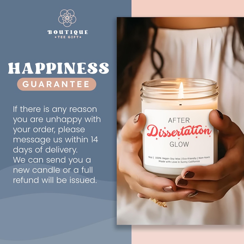 a person holding a lit candle in their hands, with text providing a guarantee for the candle.