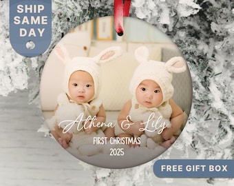 Twin Christmas Ornament: First Christmas Photo Ornament For Twin, Custom Newborn Holiday Keepsake(RP-109)