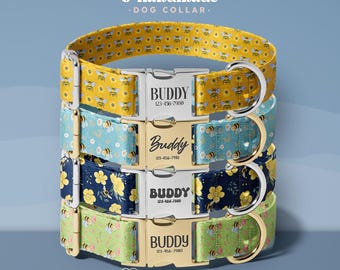 Personalized Bees Dog Collar, Handmade Pet Accessory, Custom Name Dog Collar, Spring Dog Collar, Adjustable Size Dog Collar (DOG51)