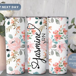 Floral Nurse Tumbler, Personalized Flower Travel Mug for Nurses, RN Tumbler Cup, Custom Tumbler for Medical Student, (TM-51FLOWER)
