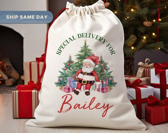 Borsa di Babbo Natale con consegna speciale, sacco di Babbo Natale personalizzato, borsa regalo personalizzata grande, borsa per calze per bambini, (SP-8SANTA)