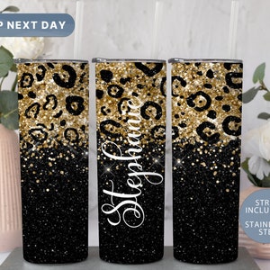 Black & Gold Cheetah Tumbler, Customized Glitter Tumbler for Her, Personalized Leopard Travel Mugs, Cheetah Tumbler, (TM-19BLACK)