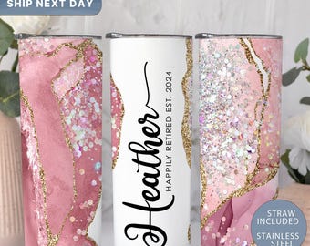 Happily Retired 2024 Tumbler With Name, Personalized Retirement Present, Coworker Leaving Tumbler Mug, (TM-289)