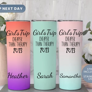 Personalized Girl's Trip Tumbler, Summer Tumbler, Custom Beach Vacation Tumbler Cup, Cheaper Than Therapy Travel Mug, Vacation Mug, (TM-87)