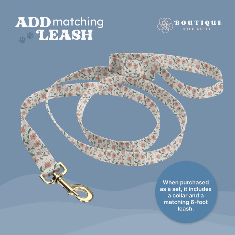 a floral patterned dog leash with a matching collar and a matching 6-foot leash, presented as a set.