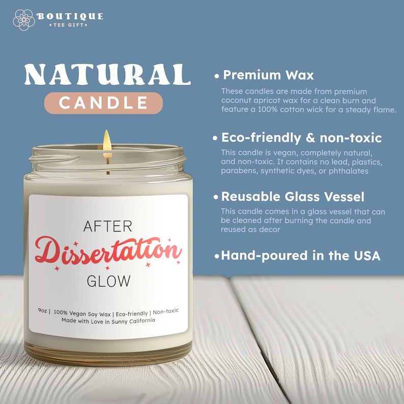 a white candle in a glass jar with a label that reads "After Dhesisertation Glow" and "Made with Love in Sunny California". The candle is described as a "Premium Wax" and "Hand-poured in the USA".