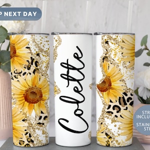 Sunflower Personalized Tumbler, Cheetah Glitter Tumbler with Straw, Custom Name Tumbler, Gifts for Her, Glittery Travel Mug, (TM-24NAME)