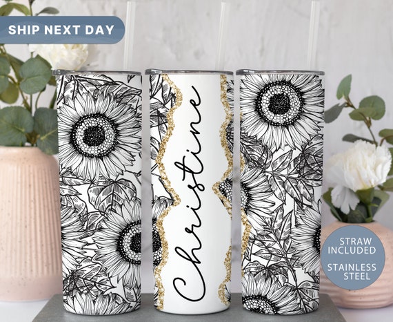 Custom Name Tumbler for Women, Sunflower Tumbler Cup, Sunflower Gifts for Her, Personalized Travel Mug, (TM-25BLACK)