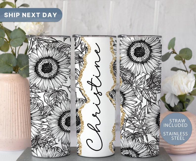 Custom Name Tumbler for Women, Sunflower Tumbler Cup, Sunflower Gifts for Her, Personalized Travel Mug, (TM-25BLACK) Bild 1