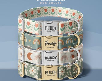 May include: Four personalized dog collars stacked, each with a unique floral or celestial pattern. The collars feature metal buckles and the name "Buddy" with a phone number. The text "Personalized & Handmade" and "Dog Collar" are visible.