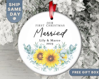 Married Christmas Ornament • Personalized Engagement Ornament • Our First Christmas Married Ornament • Sunflowers • Custom • (OR-13 Yellow)