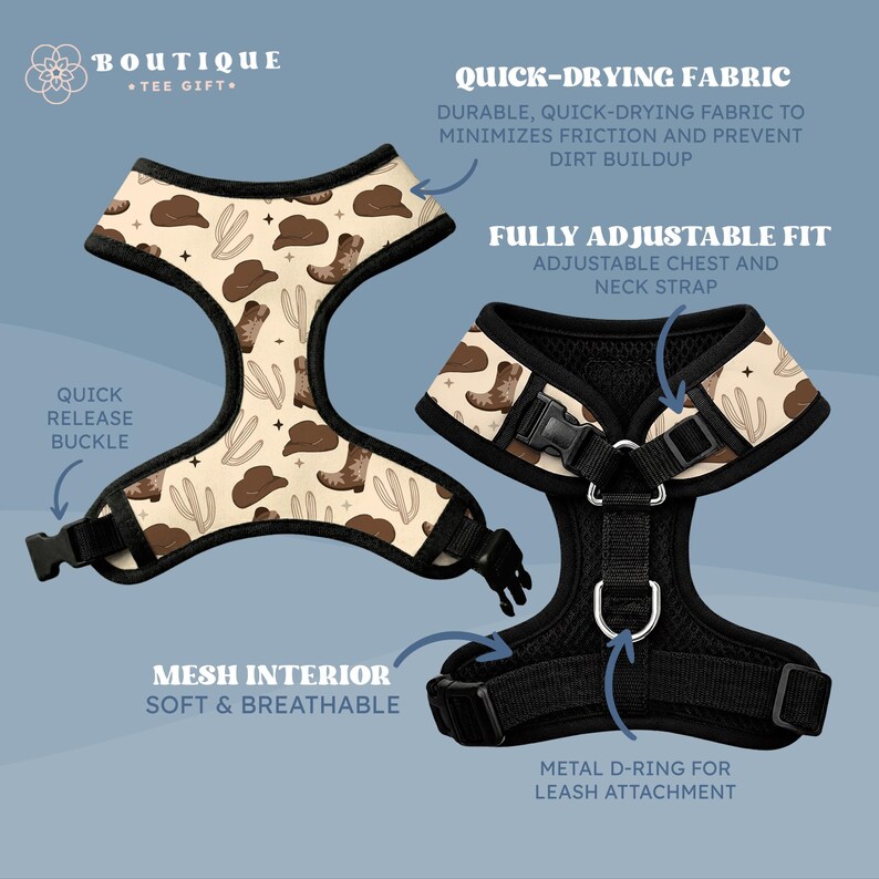 Puede incluir: Arn&eacute;s para perros beige con un estampado de tem&aacute;tica vaquera de sombreros, botas y cactus. Incluye hebilla de liberaci&oacute;n r&aacute;pida, correas ajustables y anilla en D met&aacute;lica para la correa. El arn&eacute;s tiene interior de malla y tejido de secado r&aacute;pido.