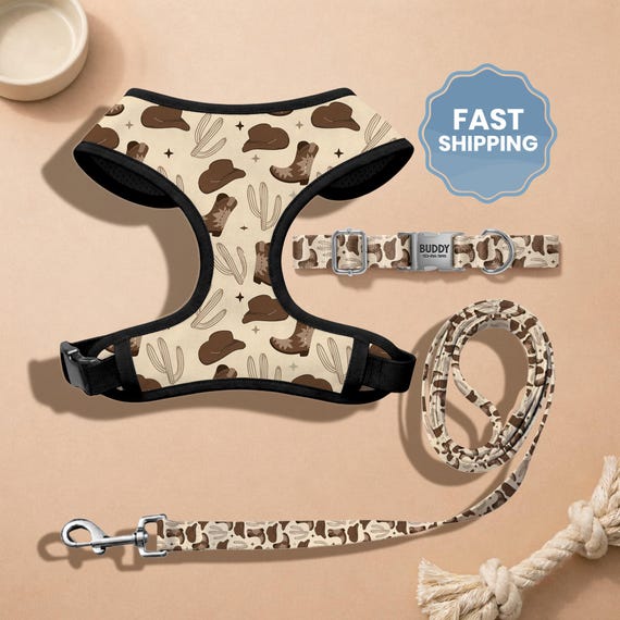 Western Cowboy Dog Harness and Collar Set | Personalized Dog Collar with Name and Phone Number  | Small Dog Walking Gear (DOG44_3)