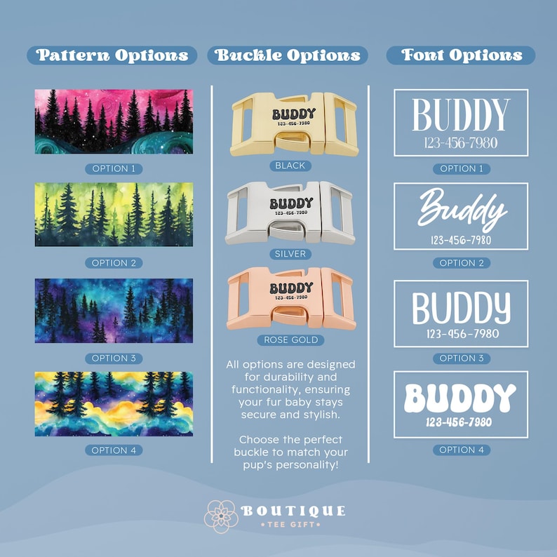 Adventurous Dog Collars, Custom Dog Collars for Boy Dogs, Adjustable Forest Print Dog Collar (DOG39) image 2