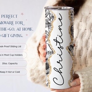 Custom Name Tumbler for Women, Sunflower Tumbler Cup, Sunflower Gifts for Her, Personalized Travel Mug, (TM-25BLACK) Bild 2
