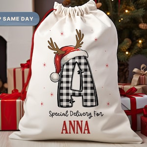 Santa Sack for Kids, Christmas Bag for Presents, Santa Bags with Name, Personalized Gift Bag, Custom Stocking Bags, (SB-3)
