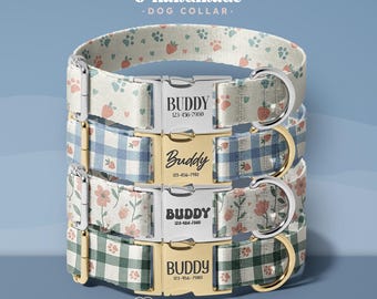 Spring Floral Dog Collar with Engraved Name and Number: Custom Pet Name Tag, Adjustable Floral Puppy Collar Gift(DOG146)