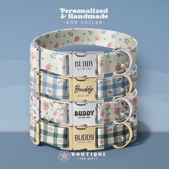Spring Floral Dog Collar with Engraved Name and Number: Custom Pet Name Tag, Adjustable Floral Puppy Collar Gift(DOG146)