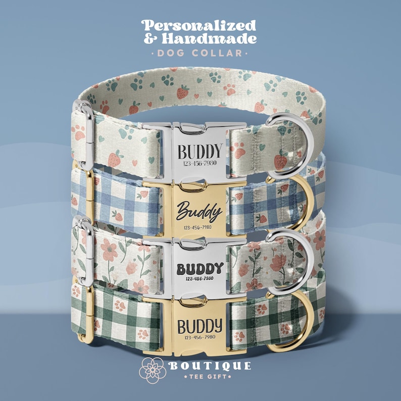 three personalized dog collars with floral patterns in various colors, including white, blue, and green. The collars have names and contact information attached to them, indicating they are custom-made for individual dogs.