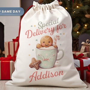 Kids Santa Sack, Custom Name Christmas Bag, Girl's Gift Bag, Personalized Drawstring Bag, Presents Bag, (SB-6SPECIAL) image 1