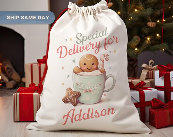 Kids Santa Sack, Custom Name Christmas Bag, Girl's Gift Bag, Personalized Drawstring Bag, Presents Bag, (SB-6SPECIAL)