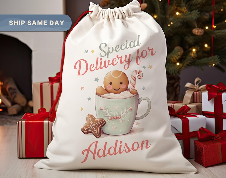 Kids Santa Sack, Custom Name Christmas Bag, Girl's Gift Bag, Personalized Drawstring Bag, Presents Bag, (SB-6SPECIAL) image 1
