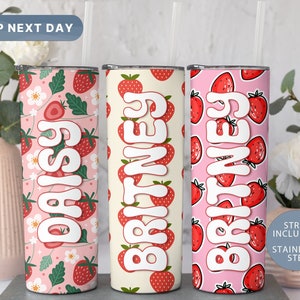 Personalized Strawberry Tumbler, Strawberry Tumbler Cup, Custom Daisy Flower Travel Mug, Berries Water Bottle, 20oz Skinny Tumbler, (TM-76)