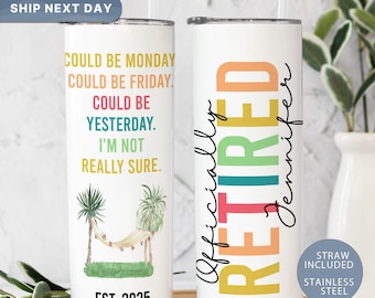 Officially Retired Personalized Tumbler, Retirement Gift For Women, Skinny Tumbler 20 Oz, Tropical Theme Custom Tumbler(TM-709)