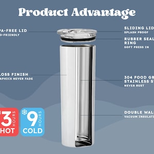 May include: A stainless steel tumbler with a white powder coated exterior. It features double wall vacuum insulation to keep drinks hot for 3 hours and cold for 9 hours. The tumbler has a sliding lid with a rubber sealing ring and a BPA-free lid.