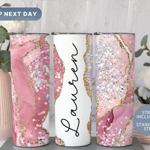 Pink Marble Custom Tumbler, Glitter Tumbler with Straw, Personalized Glitter Tumbler, Marble Travel Mug, Gifts for Her, (TM-25PINK)