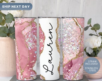 Pink Marble Custom Tumbler, Glitter Tumbler with Straw, Personalized Glitter Tumbler, Marble Travel Mug, Gifts for Her, (TM-25PINK)