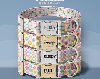 Pastel Plaid Dog Collar with Engraved Name + Phone, Fabric Gold Buckle, Gift For Small To Medium Dogs(DOG166)