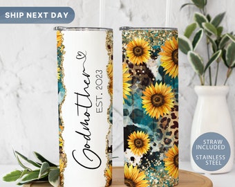 Godmother Sunflower Tumbler, Custom Godmother Travel Mug, Godmother Tumbler Cup, Mothers Day Gift, Godparent Gifts, (TM-64SUNFLOWER)