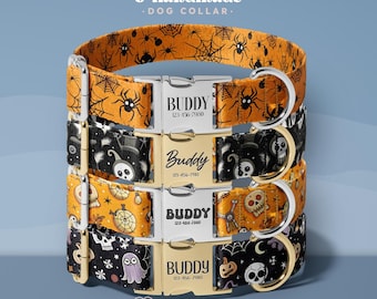 Halloween Dog Collar, Spooky Pet Collar For Dogs, Custom Name Tag Collar, Witch Theme Dog Accessory, Ghost Print Collar (DOG124)