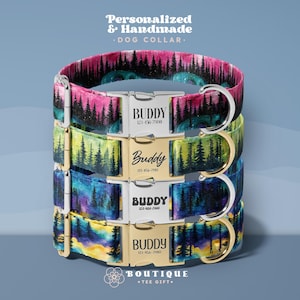 Adventurous Dog Collars, Custom Dog Collars for Boy Dogs, Adjustable Forest Print Dog Collar (DOG39) image 1