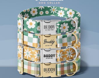 Retro Floral Dog Collar With Engraved Name: Custom Gingham Pattern Adjustable Puppy Collar (DOG137)