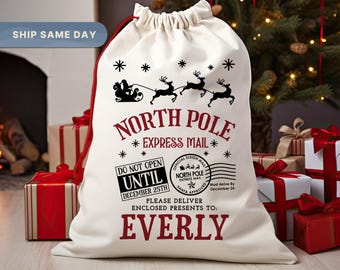 North Pole Santa Sack, Presents Bag, Christmas Gift Sack, Personalized Kids Sack, (SB-11 North)