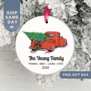 Family Christmas Ornament •Personalized Family Ornament •Red Truck Family Keepsake •Family Christmas Gift •Christmas Keepsake •(OR-24 Truck)