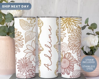 Custom Flower Tumbler, Personalized Floral Tumbler for Women, Sunflower Travel Mug, Flower Tumbler Cup, (TM-25NAME)