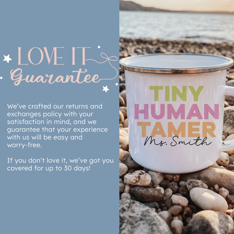 May include: White enamel mug with a colourful design that says "Tiny Human Tamer" and "Ms. Smith". The mug is sitting on a bed of small, grey rocks.