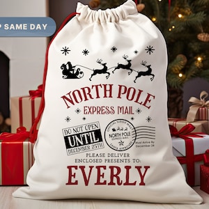 North Pole Santa Sack, Presents Bag, Christmas Gift Sack, Personalized Kids Sack, (SB-11 North)