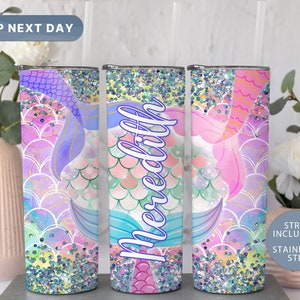 Personalized Mermaid Skinny Tumbler, Mermaid Tumbler, Sea Life Tumbler, Glittery Tumbler, Custom Tumbler, (TM-27MERMAID)