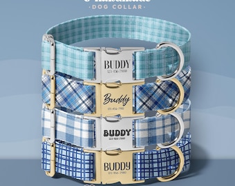 Personalized Handmade Dog Collar, Custom Pet Collar, Adjustable Dog Accessory, Cute Plaid Design, Premium Gift for Male Dogs (DOG55)