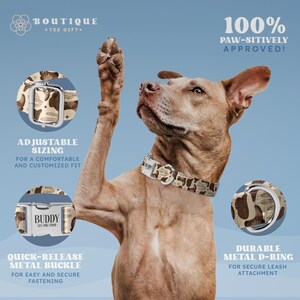 Puede incluir: Collar para perro con estampado de camuflaje marr&oacute;n y crema. Incluye ajuste ajustable, hebilla met&aacute;lica de liberaci&oacute;n r&aacute;pida y anilla en D met&aacute;lica duradera. El collar est&aacute; dise&ntilde;ado para un ajuste c&oacute;modo y seguro. Texto en el collar: "BUDDY".